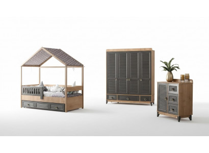 Grau Jugendzëmmer Set Kannerzëmmer Kommode Schaf a Bett 3 Deeler.