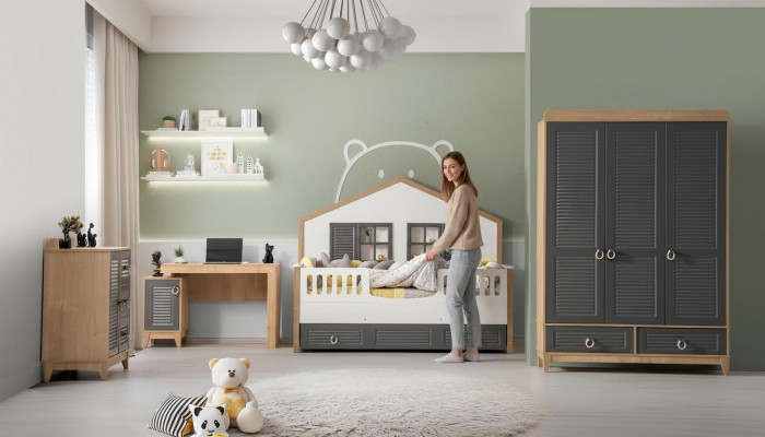 luxuriéis komplett Kannerschéiermiwwel Bett Holz Set 4-teileg Kannerzëmmer Gro