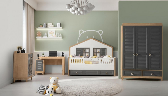 luxuriéis komplett Kannerschéiermiwwel Bett Holz Set 4-teileg Kannerzëmmer Gro