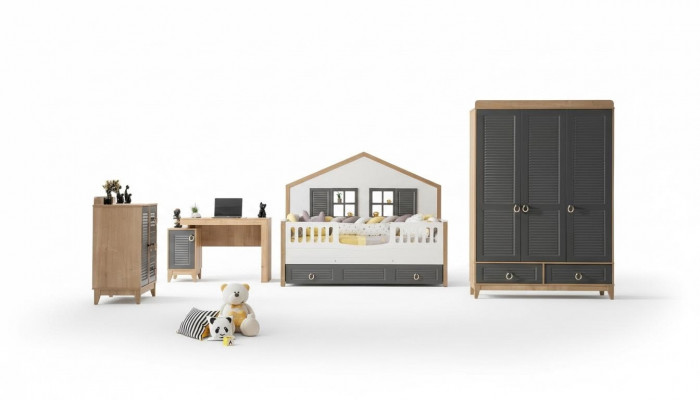 luxuriéis komplett Kannerschéiermiwwel Bett Holz Set 4-teileg Kannerzëmmer Gro