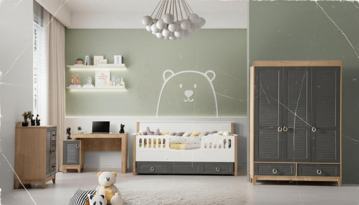 Luxuriéis Kanner Miwwel Garnitur Kannerzëmmer Kannerbett Gro Holz Set 4tlg