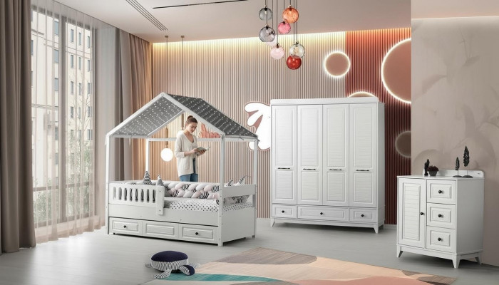Modern Komplett Jugendzëmmer Luxus Kannerzëmmer Set 3 Deeler Wäiss Faarf nei