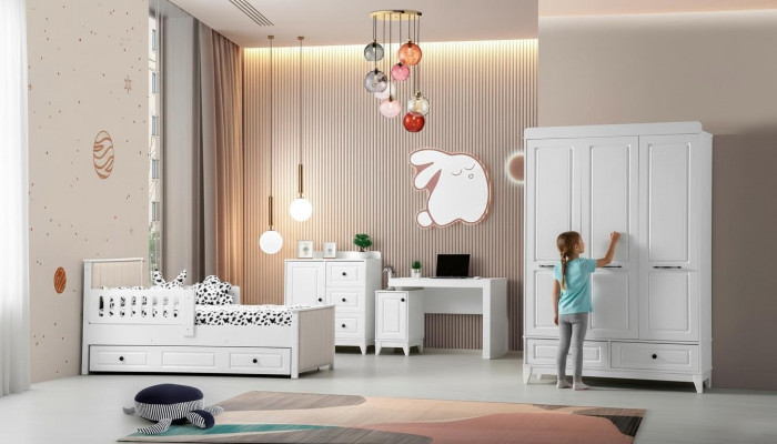 Modern komplett Jugendzëmmer Luxus Kannerzëmmer Set 4 Deeler a wäiss Faarf nei