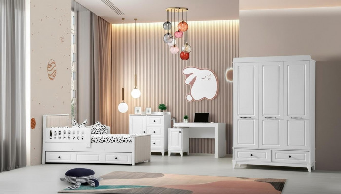Modern komplett Jugendzëmmer Luxus Kannerzëmmer Set 4 Deeler a wäiss Faarf nei