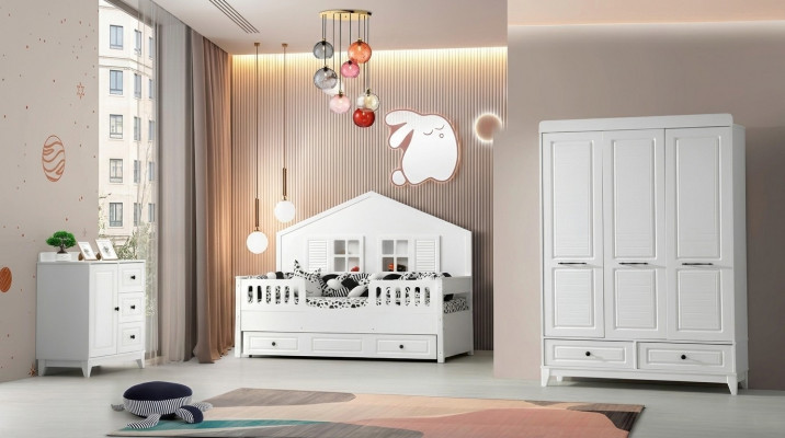 Stilvoll Komplett Jugendzëmmer Luxus Kannerzëmmer Set 3-teileg Wäiss Faarf