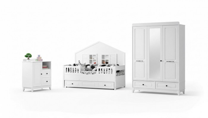 Stilvoll Komplett Jugendzëmmer Luxus Kannerzëmmer Set 3-teileg Wäiss Faarf