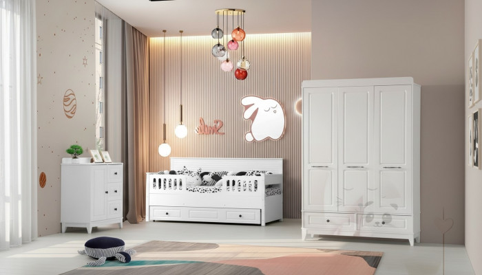 luxuriéis komplett Jugendzëmmer Luxus Kannerzëmmer Set 3 Stéck Wäiss Faarf