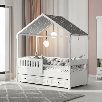 Kannerbett Holzbett Funktiounsbett Auszéihbart Bett 200 Holz Wäiss Nei