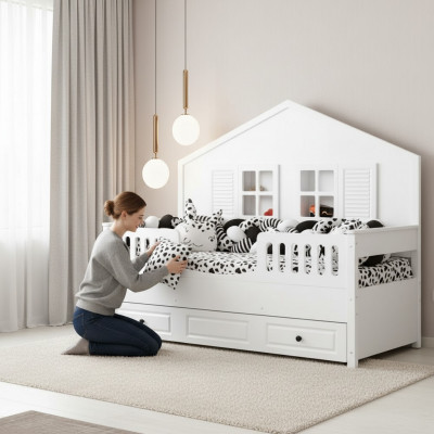 Kannerbett Holzbett Funktiounsbett Auszéibares Wäiss Holz Bett 90 x 200