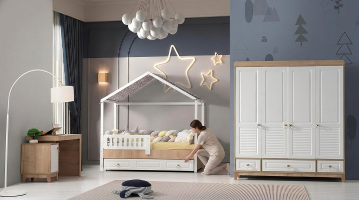Modern Kannerzëmmer Set Bett Kleederschaf Schreifdësch Helleg 3tlg Neit