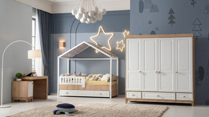 Modern Kannerzëmmer Set Bett Kleederschaf Schreifdësch Helleg 3tlg Neit