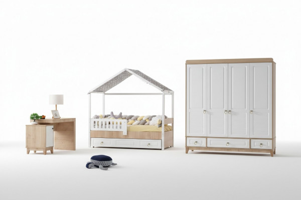 Modern Kannerzëmmer Set Bett Kleederschaf Schreifdësch Helleg 3tlg Neit