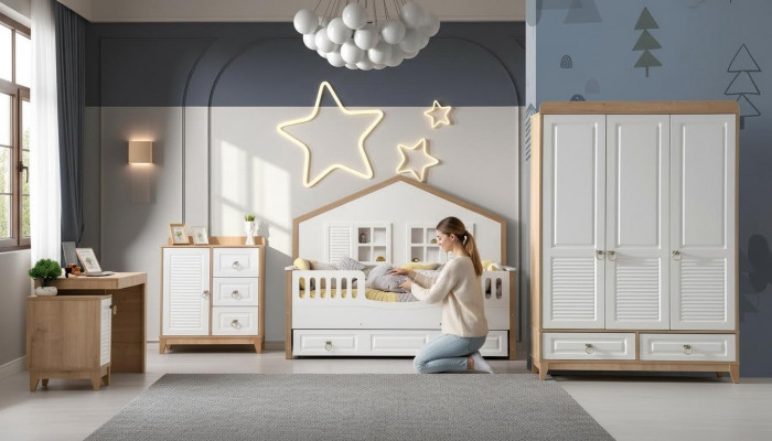 Modern Kannerzëmmer Set Bett Kleederschaf Schreifdësch Helleg 4tlg Nei