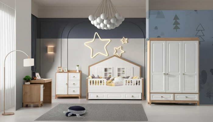 Modern Kannerzëmmer Set Bett Kleederschaf Schreifdësch Helleg 4tlg Nei