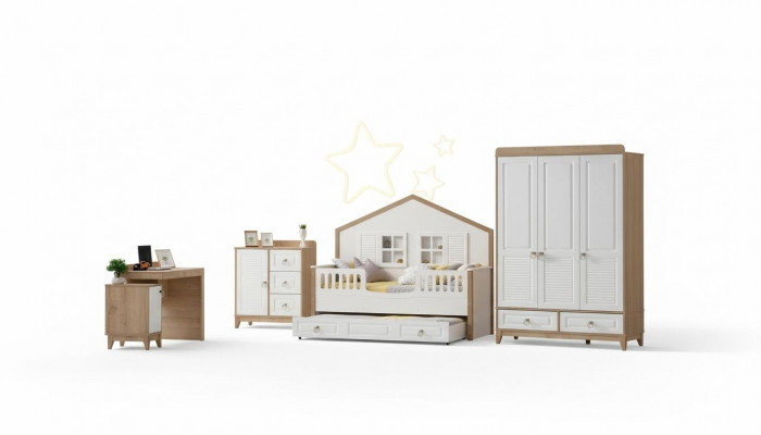 Modern Kannerzëmmer Set Bett Kleederschaf Schreifdësch Helleg 4tlg Nei
