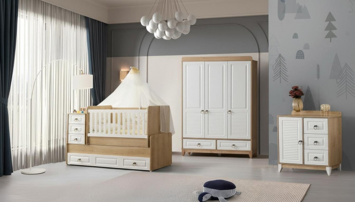 Komplett Kannerzëmmer Set Bett Kleederschaf Kommode Hell 3-teileg Neit