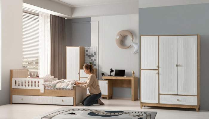 Komplett Kannerzëmmer Set Bett 2x Kleederschaf Dësch Hell 4 Deeler Nei