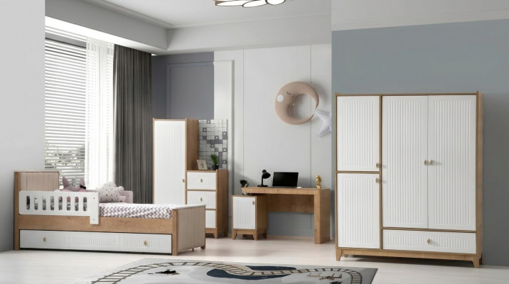 Komplett Kannerzëmmer Set Bett 2x Kleederschaf Dësch Hell 4 Deeler Nei