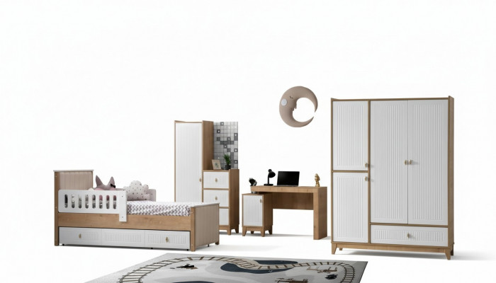 Komplett Kannerzëmmer Set Bett 2x Kleederschaf Dësch Hell 4 Deeler Nei