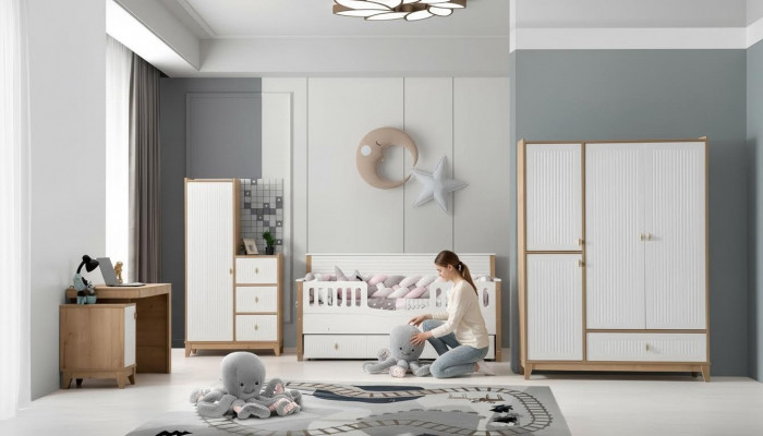 Stilvoll Kannerzëmmer Set Bett 2x Kleedermaart Schreifdësch Wäiss 5tlg