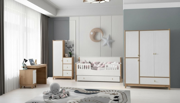 Stilvoll Kannerzëmmer Set Bett 2x Kleedermaart Schreifdësch Wäiss 5tlg