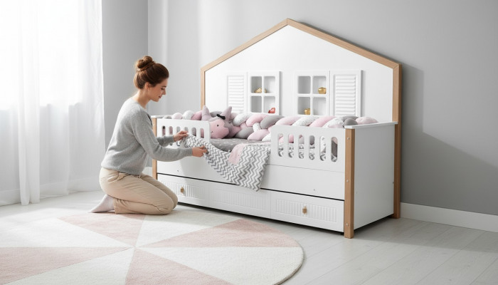 Bettkader Kandebett Bett Kannerzëmmer Kannerzëmmermiwwelen Wäisst Holz