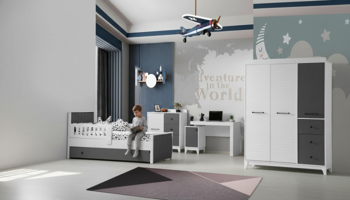 Modernen Kannerzëmmer Set besteet aus Bett Schaf Kommode Dësch 4tlg.