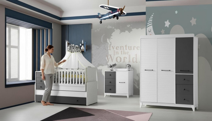 Modern Kannerzëmmer Set Besteet aus Kannerbett Schaf Kommoud 3tlg nei