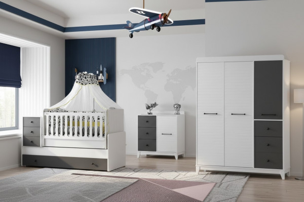 Modern Kannerzëmmer Set Besteet aus Kannerbett Schaf Kommoud 3tlg nei