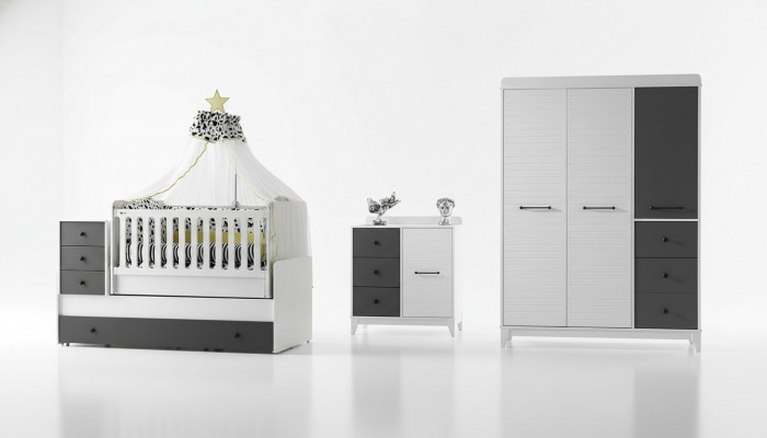 Modern Kannerzëmmer Set Besteet aus Kannerbett Schaf Kommoud 3tlg nei