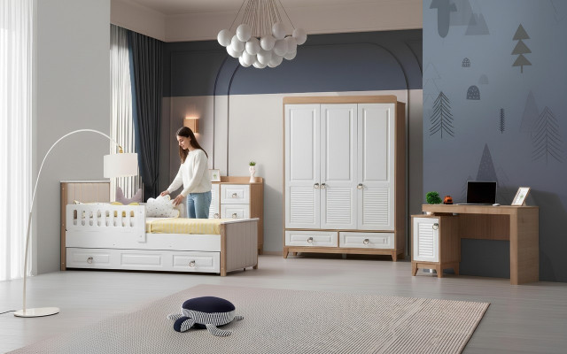 Luxuriéist Kannerzëmmer Set besteet aus Bett Schaf Komod Dësch 4tlg.