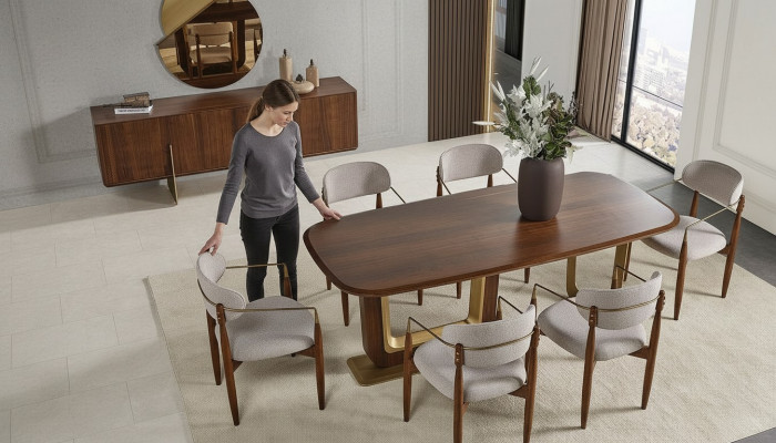 Moderne Iesszëmmer Set besteet aus Iessdësch 6x Still Spigel Anriichtung