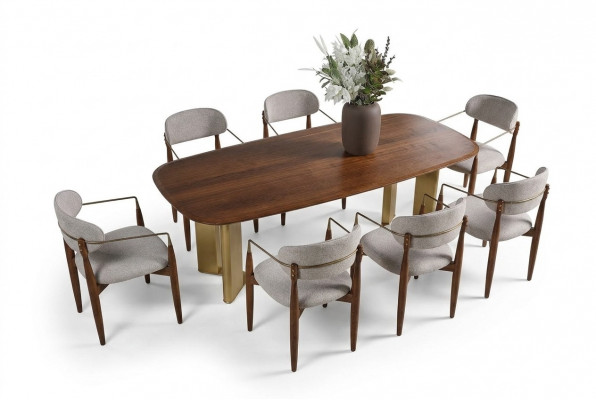 Modernen Iesszëmmer Set besteet aus Iessdësch an 6x Stiihl Braun 7tlg.