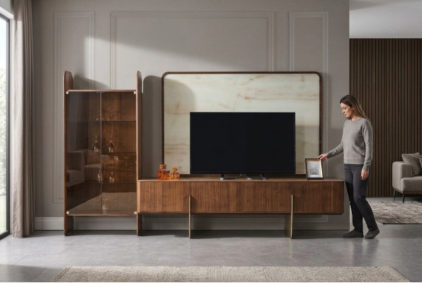 Wunnzëmmer Set Besteet aus Vitrine TV Lowboard an TV Kader 3tlg. nei