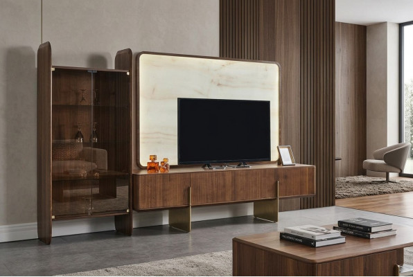 Wunnzëmmer Set Besteet aus Vitrine TV Lowboard an TV Kader 3tlg. nei