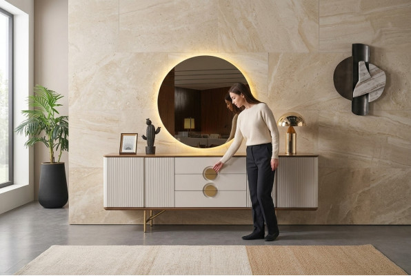 Perfekt Iesszëmmer Set Besteet aus Beige Kommode an Spigel 2-Deeler nei.