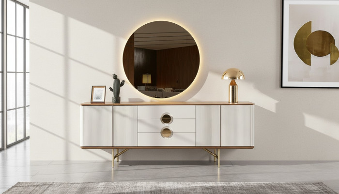 Perfekt Iesszëmmer Set Besteet aus Beige Kommode an Spigel 2-Deeler nei.
