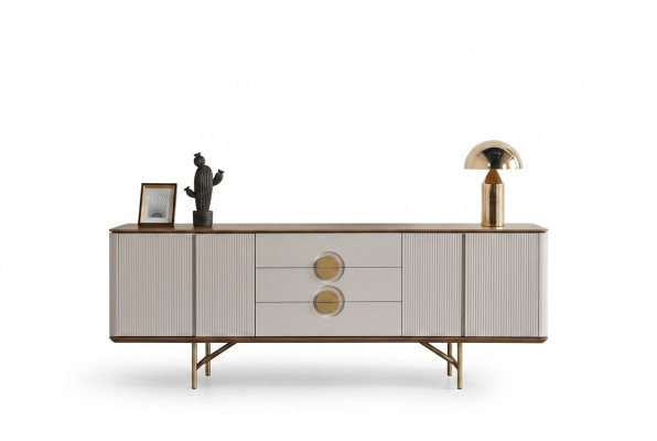 Perfekt Iesszëmmer Set Besteet aus Beige Kommode an Spigel 2-Deeler nei.
