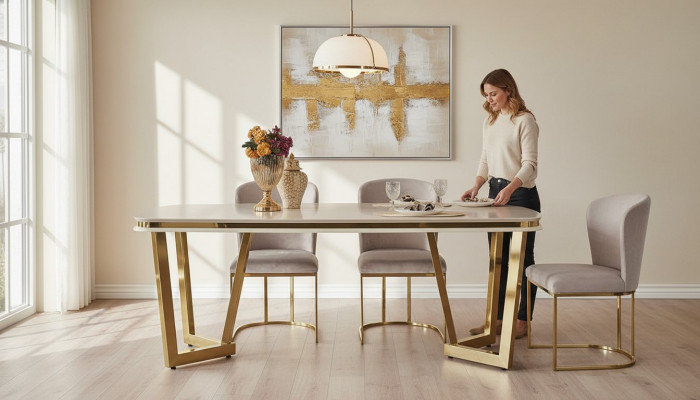 Moderne Iesszëmmer-Set besteet aus Iessdësch an 4x Still Beige 5tlg.