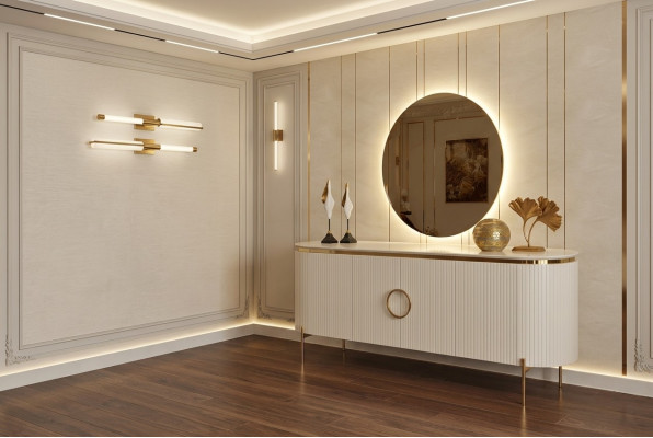 Dësset aus Iesszëmmer-Set besteet aus beige Faarf Buffet an Spigel.
