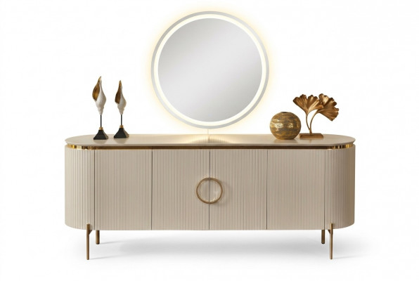 Dësset aus Iesszëmmer-Set besteet aus beige Faarf Buffet an Spigel.