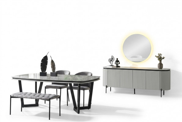 Modern Iesszëmmer-Set besteet aus Iessdësch, 4x Stull an Anrichte-Spigel.