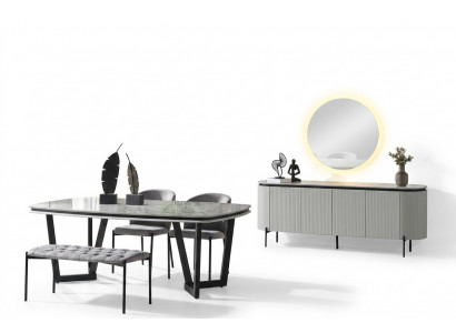 Modern Iesszëmmer-Set besteet aus Iessdësch, 4x Stull an Anrichte-Spigel.