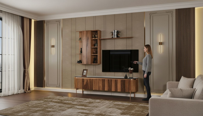 Perfekt Wunnzëmmer Set Besteet aus Braun TV-Lowboard an Wandsschaf.