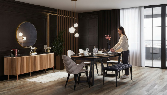 Luxuriéis Iesszëmmer Set Besteet aus Iessdësch 4x Stullen an Anrichte 7tlg