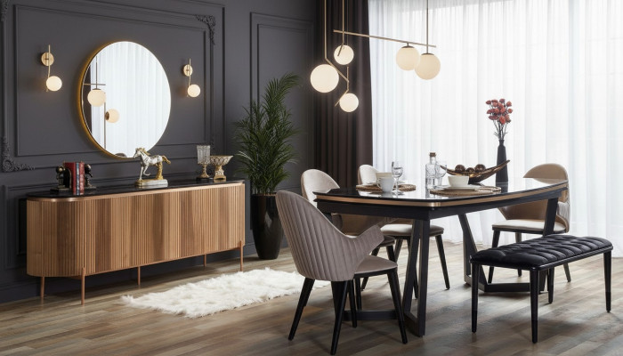 Luxuriéis Iesszëmmer Set Besteet aus Iessdësch 4x Stullen an Anrichte 7tlg