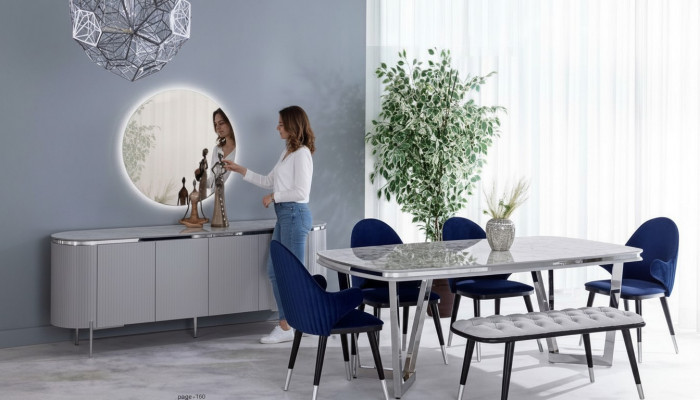 Iesszëmmer Set Besteet aus Iessdësch 4x Stull Spigel Anrichte Bank 8tlg