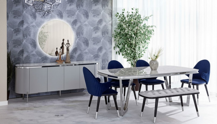 Iesszëmmer Set Besteet aus Iessdësch 4x Stull Spigel Anrichte Bank 8tlg