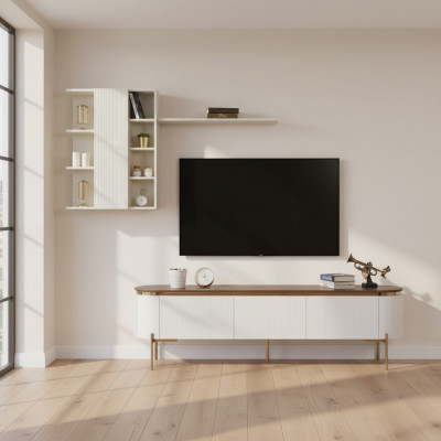 Wunnzëmmer Set besteet aus TV Lowboard an Wandakafschief mat Elementer a Gold.
