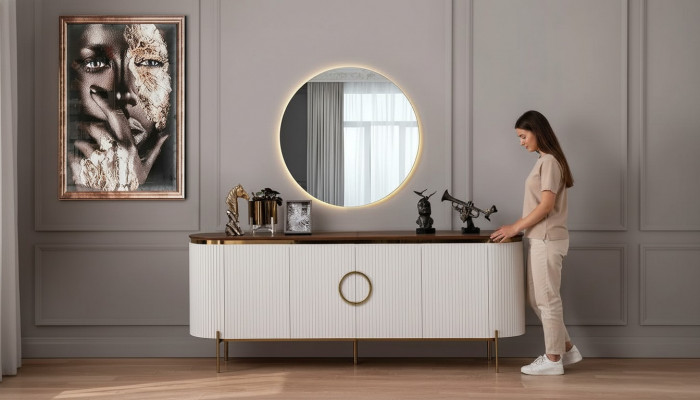 Iesszëmmer Set Besteet aus Kredenz a Spigel Beige mat Gold Elementer